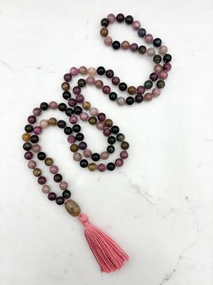 watermelon tourmaline gemstone mala necklace with quartz guru bead and pink tassel | radiant malas | handmade in boulder, colorado