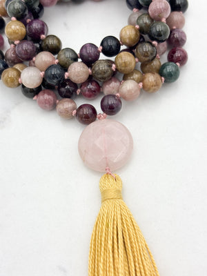 watermelon tourmaline gemstone mala necklace with rose quartz guru bead and yellow tassel | radiant malas | handmade in boulder, colorado