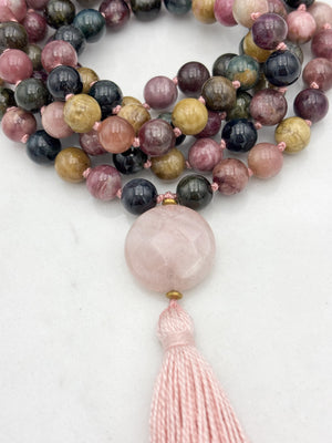 watermelon tourmaline gemstone mala necklace with rose quartz guru bead and pink tassel | radiant malas | handmade in boulder, colorado