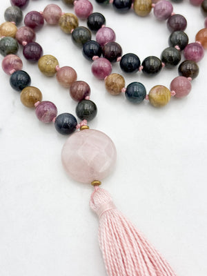 watermelon tourmaline gemstone mala necklace with rose quartz guru bead and pink tassel | radiant malas | handmade in boulder, colorado