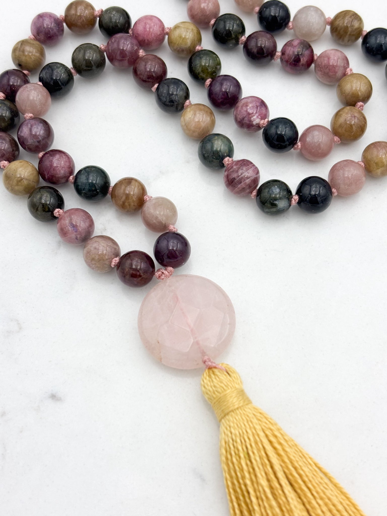 watermelon tourmaline gemstone mala necklace with rose quartz guru bead and yellow tassel | radiant malas | handmade in boulder, colorado