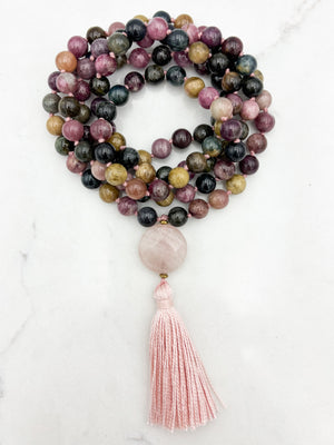 watermelon tourmaline gemstone mala necklace with rose quartz guru bead and pink tassel | radiant malas | handmade in boulder, colorado