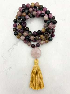 watermelon tourmaline gemstone mala necklace with rose quartz guru bead and yellow tassel | radiant malas | handmade in boulder, colorado