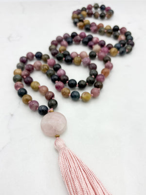 watermelon tourmaline gemstone mala necklace with rose quartz guru bead and pink tassel | radiant malas | handmade in boulder, colorado