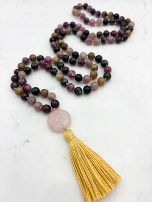 watermelon tourmaline gemstone mala necklace with rose quartz guru bead and yellow tassel | radiant malas | handmade in boulder, colorado