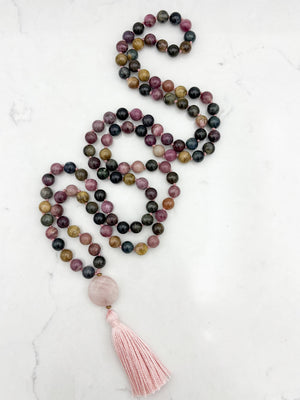 watermelon tourmaline gemstone mala necklace with rose quartz guru bead and pink tassel | radiant malas | handmade in boulder, colorado