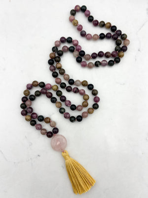 watermelon tourmaline gemstone mala necklace with rose quartz guru bead and yellow tassel | radiant malas | handmade in boulder, colorado