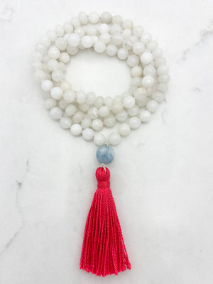 white jade gemstone mala necklace with aquamarine guru bead and pink tassel | radiant malas | handmade in boulder, colorado