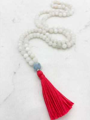 white jade gemstone mala necklace with aquamarine guru bead and pink tassel | radiant malas | handmade in boulder, colorado