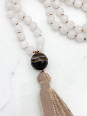 white jade gemstone mala necklace with sardonyx guru bead and silk tassel | radiant malas | handmade in boulder, colorado