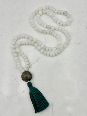 white jade and moonstone gemstone mala necklace | radiant malas | handmade in boulder, colorado