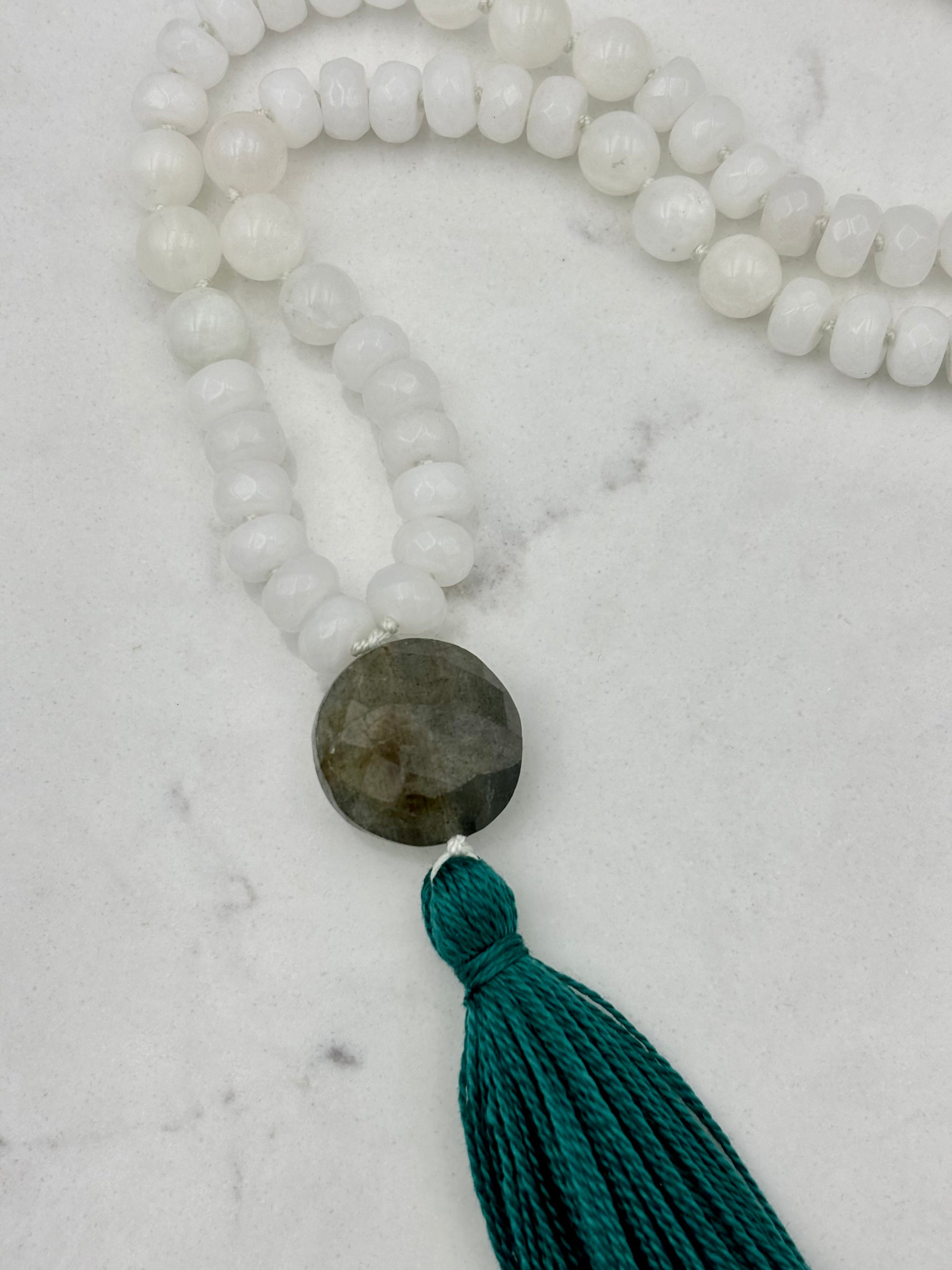 white jade and moonstone gemstone mala necklace | radiant malas | handmade in boulder, colorado