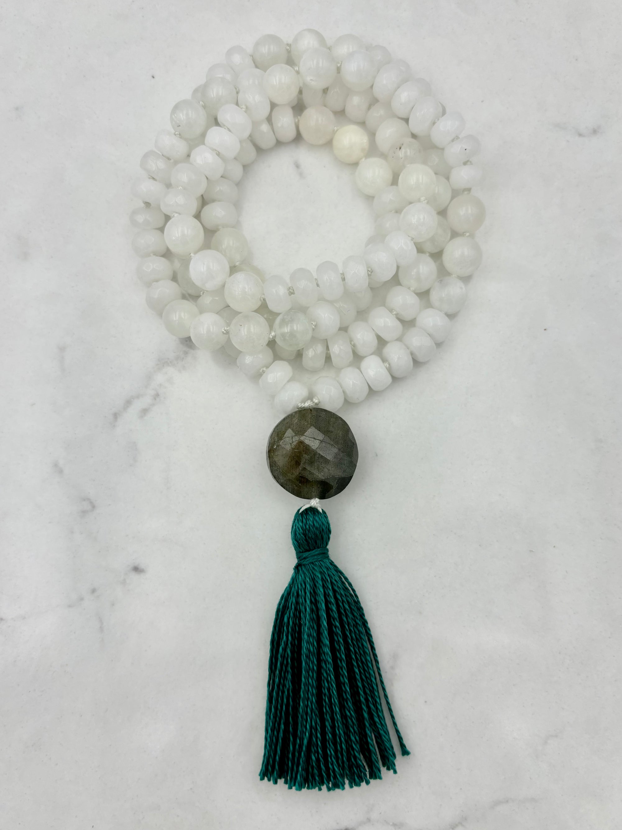 white jade and moonstone gemstone mala necklace | radiant malas | handmade in boulder, colorado