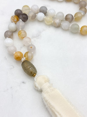yellow botswana agate gemstone mala with carnelian guru bead and cream silk tassel | radiant malas | handmade in boulder, colorado