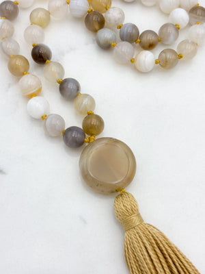 yellow botswana agate gemstone mala with phantom agate guru bead and gold tassel | radiant malas | handmade in boulder, colorado