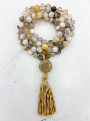 yellow botswana agate gemstone mala with phantom agate guru bead and gold tassel | radiant malas | handmade in boulder, colorado