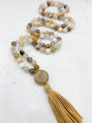 yellow botswana agate gemstone mala with phantom agate guru bead and gold tassel | radiant malas | handmade in boulder, colorado