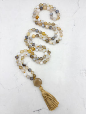 yellow botswana agate gemstone mala with phantom agate guru bead and gold tassel | radiant malas | handmade in boulder, colorado