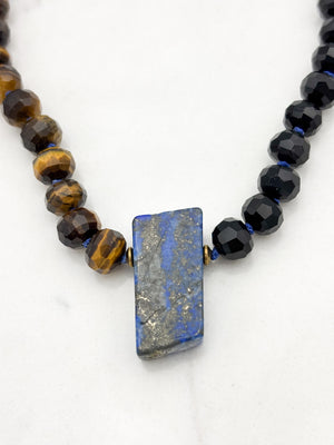 tiger's eye and onyx knotted gemstone necklace with lapis pendant | radiant malas | handmade in boulder, colorado