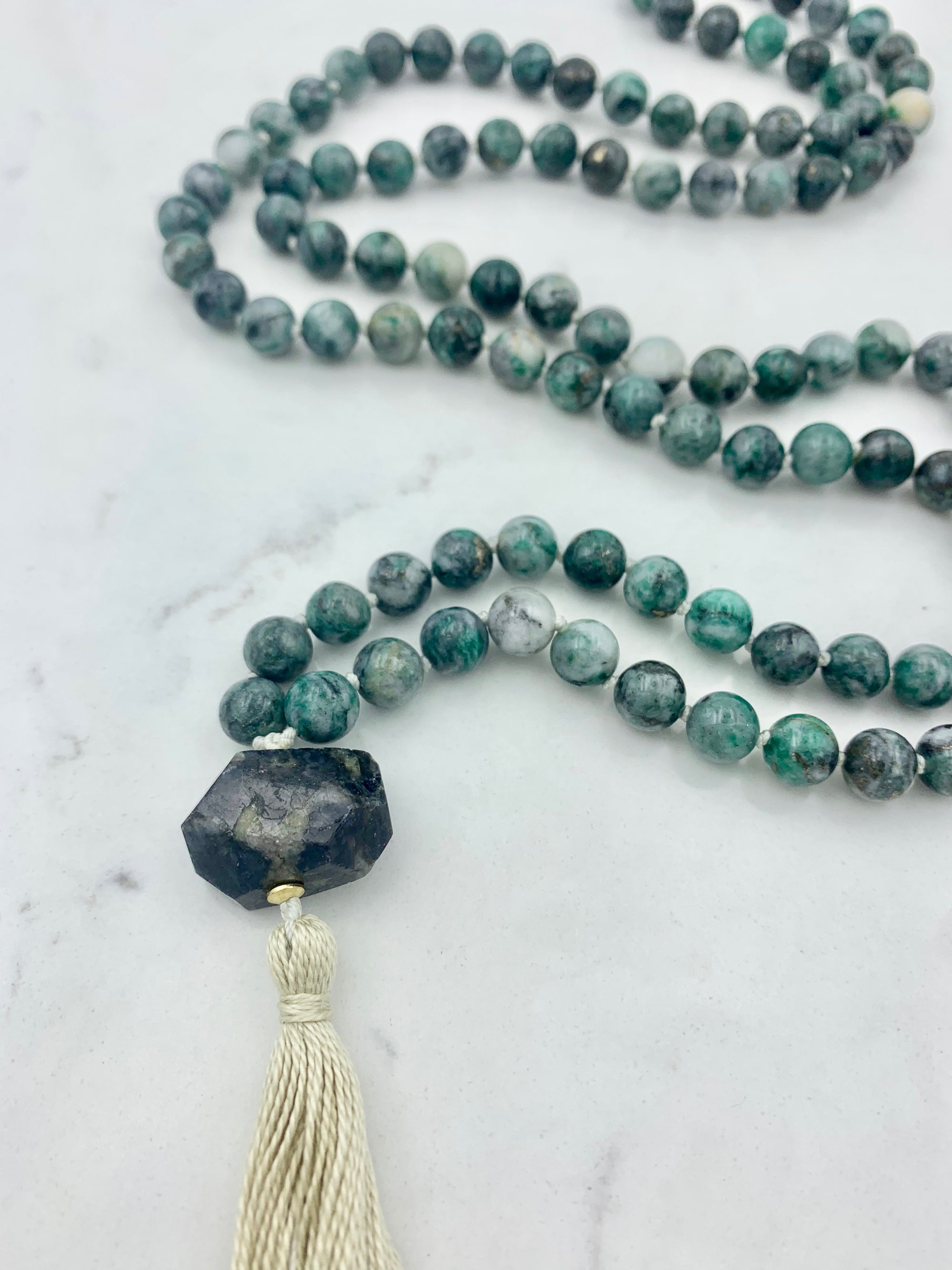 pyrite in green jade crystal mala necklace | radiant malas | handmade in boulder, colorado