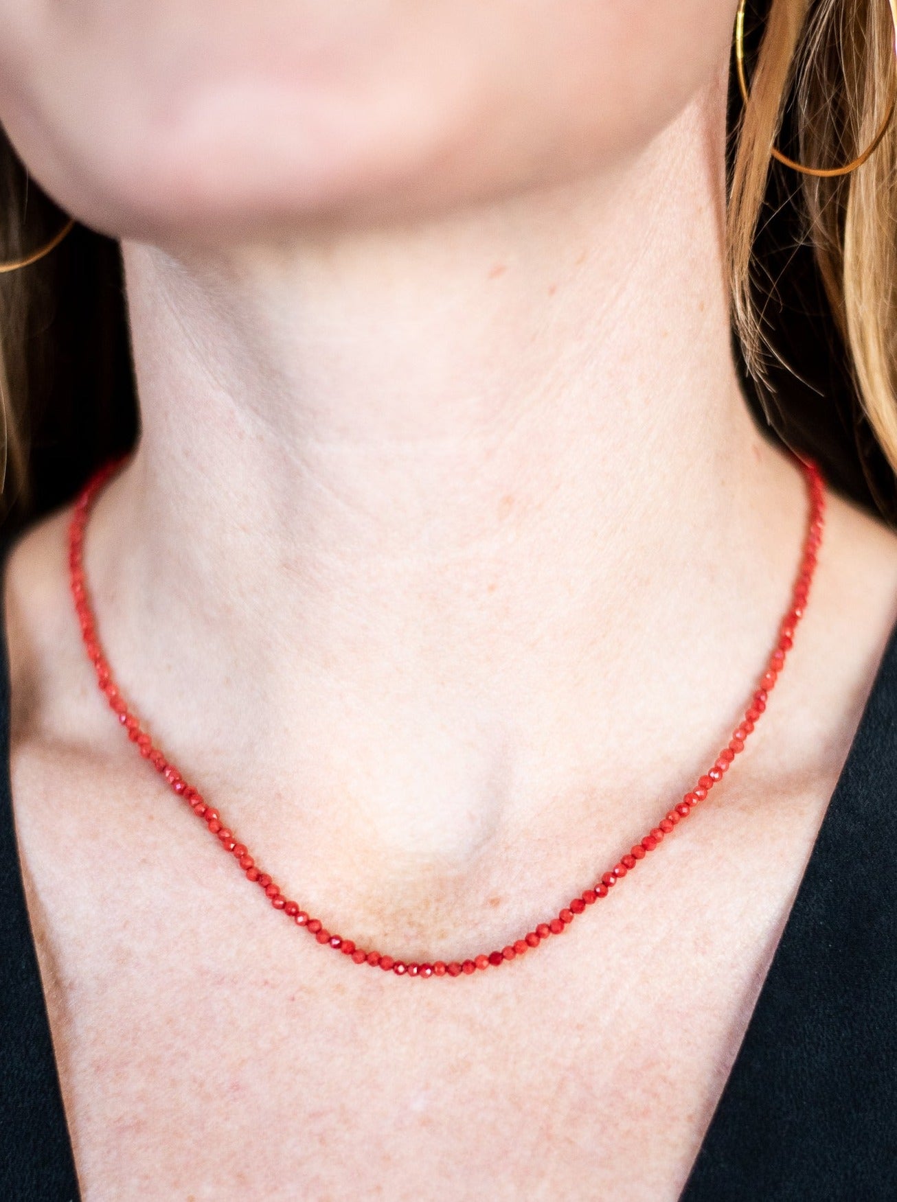 red coral 16" tiny gemstone necklace | radiant malsas | handmade in boulder, colorado
